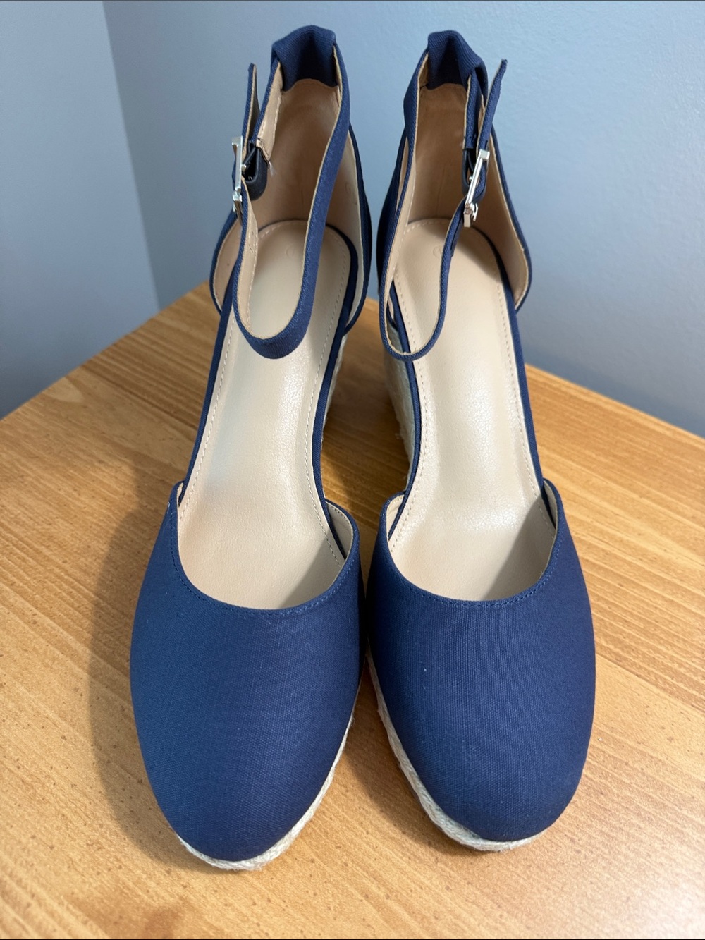 Womens Navy Espadrille Wedge Sandals with Ankle Strap - Picture 2 of 5